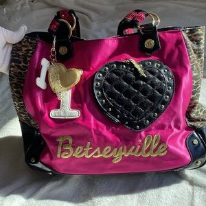 Betseyville by Betsey Johnson Pink and Leopard Canvas Bag w/ PVC Tr…